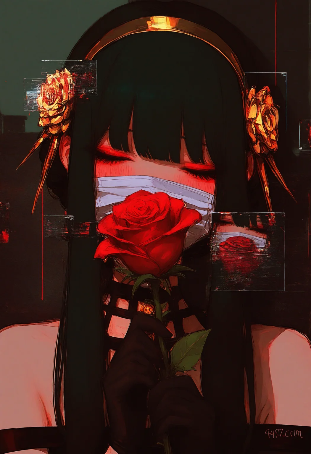 1girl,
realistic, photo background, glitch, dark theme, 748cm, gloves, solo, mask, holding, black hair, long hair, mouth mask, flower, black gloves, closed eyes, red flower, rose, choker, black choker, holding flower, blunt bangs, upper body, red rose, surgical mask, hands up, makeup, bare shoulders, eyelashes, dress, covered mouth, eyeshadow, blush, red eyeshadow, sidelocks, artist name, black dress,
a digital illustration by the artist 078-kun, known for their distinctive and detailed style. The central figure in the artwork is Yor Briar from the series "Spy x Family. In her hands, she holds two red roses, adding a touch of color to the otherwise monochromatic scene. The background is dark with abstract digital elements that create a sense of depth and intrigue.
masterpiece, best quality
<lora:748cm-NoobEPS100-lokr-v03-000080:1>