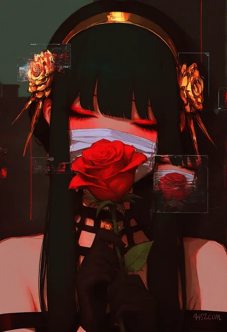 1girl,
realistic, photo background, glitch, dark theme, 748cm, gloves, solo, mask, holding, black hair, long hair, mouth mask, flower, black gloves, closed eyes, red flower, rose, choker, black choker, holding flower, blunt bangs, upper body, red rose, surgical mask, hands up, makeup, bare shoulders, eyelashes, dress, covered mouth, eyeshadow, blush, red eyeshadow, sidelocks, artist name, black dress,
a digital illustration by the artist 078-kun, known for their distinctive and detailed style. The central figure in the artwork is Yor Briar from the series "Spy x Family. In her hands, she holds two red roses, adding a touch of color to the otherwise monochromatic scene. The background is dark with abstract digital elements that create a sense of depth and intrigue.
masterpiece, best quality
<lora:748cm-NoobEPS100-lokr-v03-000080:1>