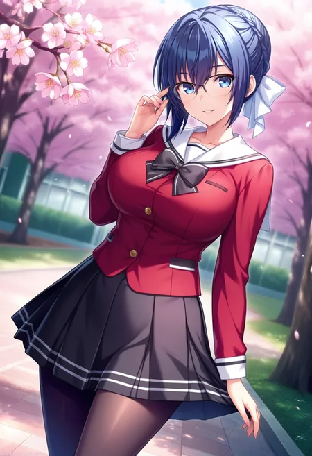 masterpiece, best quality, amazing quality,tsugumi kusakabe, blue eyes, short hair, blue hair, french braid, single hair bun, hair ribbon, 1girl, solo, breasts,glasses,black skirt,large breasts, pleated skirt,black bow,long sleeves, black pantyhose, school uniform, white sailor color, red jacket, parted lips, light smile, standing, looking at viewer, cowboy shot, blurry background, outdoors, school, cherry blossoms <lora:tsugumi kusakabeV1:0.8>
