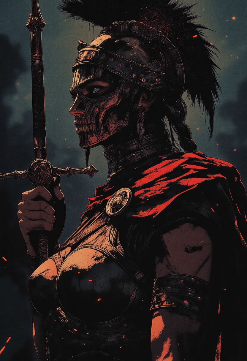 Female Roman soldier, Revenant, war paint, face paint, eye black, glowing eyes, in profile, toned arms, braided hair, battle damaged armor, large breasts, breast plate, dark and moody background, adds a dramatic tone, subtle lighting reflections, ray traced, foreshortening, particle effect, Holding a sword,