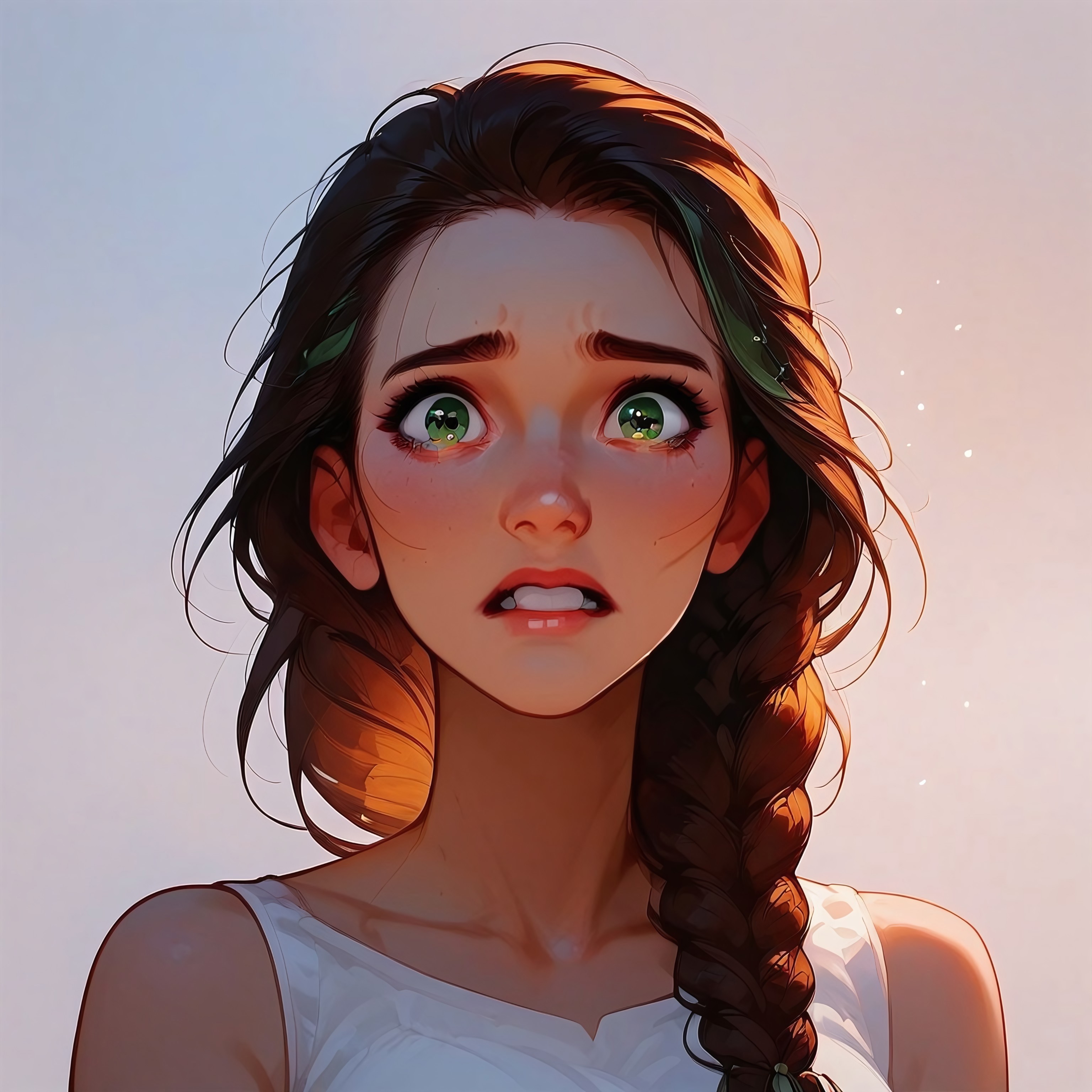 safe_pos, safe_pos, score_9, score_8_up, score_7_up,  1girl, braided hair, green eyes, cute, Anna Rice, scared