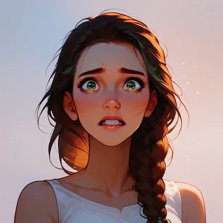 safe_pos, safe_pos, score_9, score_8_up, score_7_up, 1girl, braided hair, green eyes, cute, Anna Rice, scared