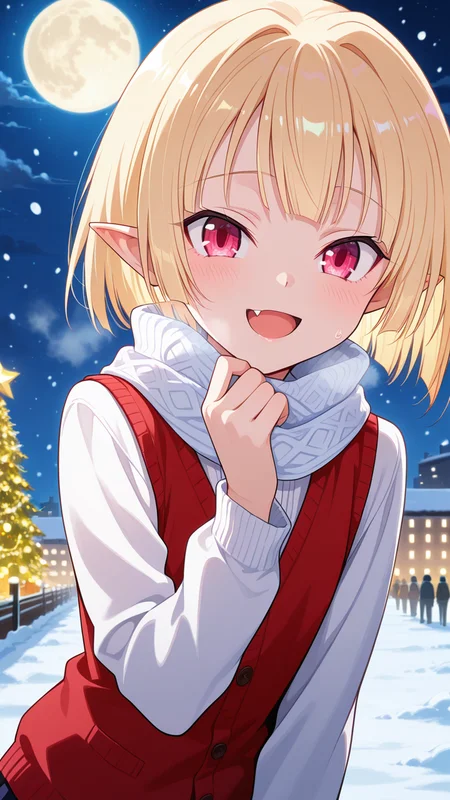 happy, smile, open mouth, vest, outdoors, christmas, cold, snow, night, moon, modern city,, masterpiece, best quality, amazing quality, very aesthetic, absurdres, newest, anime screencap, <lora:checkpoint-e22_s836:1>, gasper vladi, otoko no ko, blonde hair, pointy ears, red eyes, pink eyes, short hair, blunt bangs, fang,