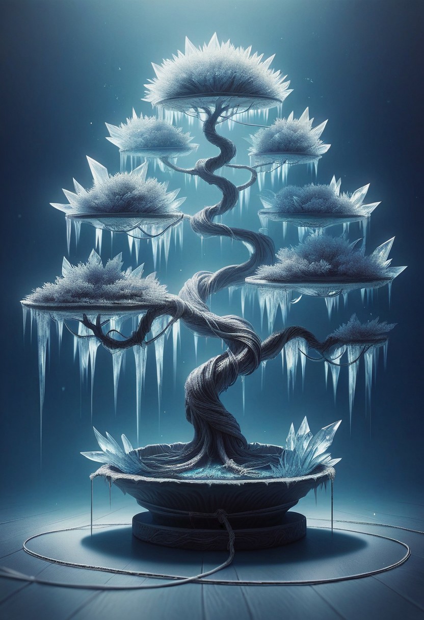 score_9, score_8, score_7, 1ce, ice, tree, bonsai, still life, silver wire, blue theme,