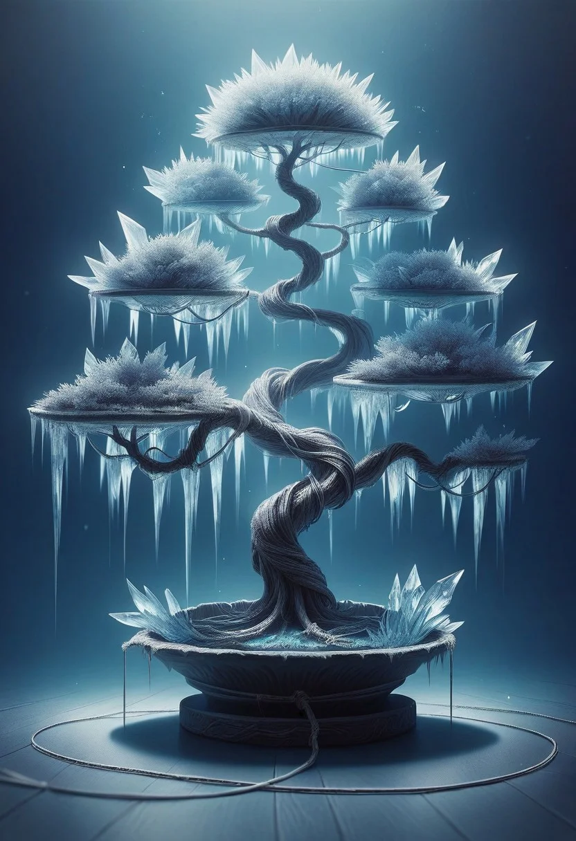 score_9, score_8, score_7, 1ce, ice, tree, bonsai, still life, silver wire, blue theme,