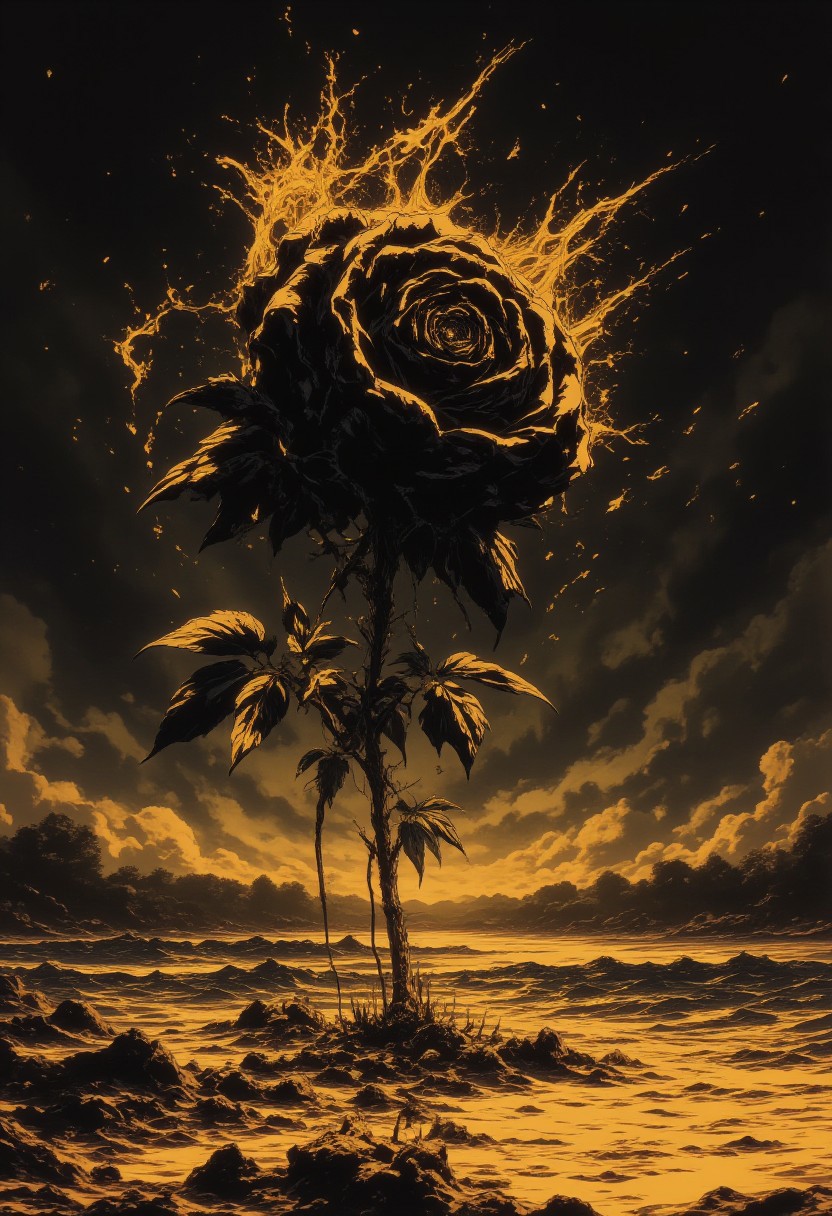 A surrelaist painting , anatomy of a black rose made of dreams ,ethereal aura around the rose, leaking aura into the surrounding landscape, rose plant next to yellow golden river