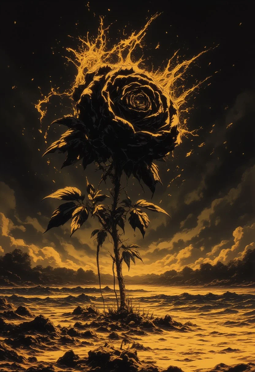 A surrelaist painting , anatomy of a black rose made of dreams ,ethereal aura around the rose, leaking aura into the surrounding landscape, rose plant next to yellow golden river