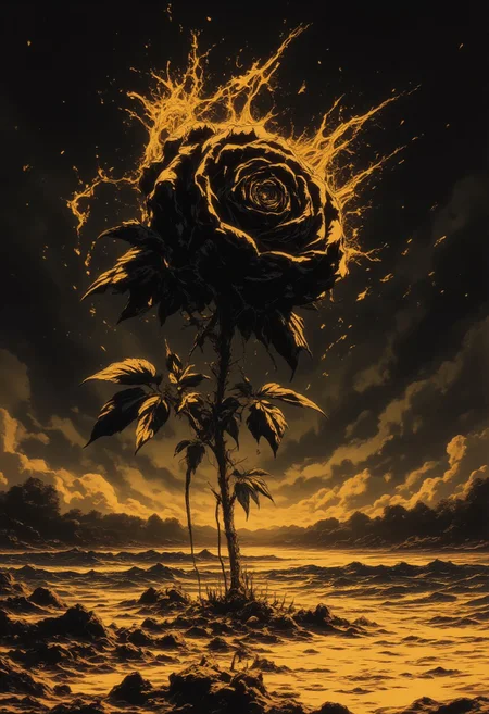 A surrelaist painting , anatomy of a black rose made of dreams ,ethereal aura around the rose, leaking aura into the surrounding landscape, rose plant next to yellow golden river