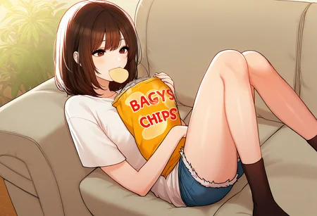 safe, masterpiece, very aesthetic, 1girl, hari, solo, baggy t-shirt, cutoffs, socks, sitting, sofa, chips \(food\), eating
<lora:Hari-Noona_NAIXL_v10:0.9>