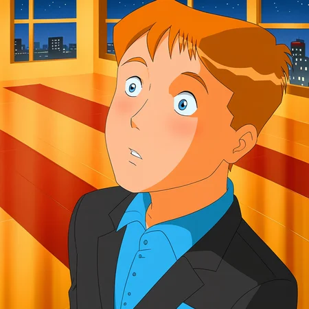 embedding:Pony\Positive\zPDXL3, masterpiece, best quality, good quality, male focus, jason_hightower_totally_spies, solo, aged up, 18 years old, 1boy, mature male, mature man's body, male focus, high resolution, slim body, indoors, restraurants, windows, night, moonlight, new york, large head, wide head, short hair, reddish-orange hair, reddish-orange eyebrows, blue eyes, reddish-orange sideburns, reddish-orange thin goatee, formal, black suit, brown paisley tie, elegant style, adjust tie, adjust clothes