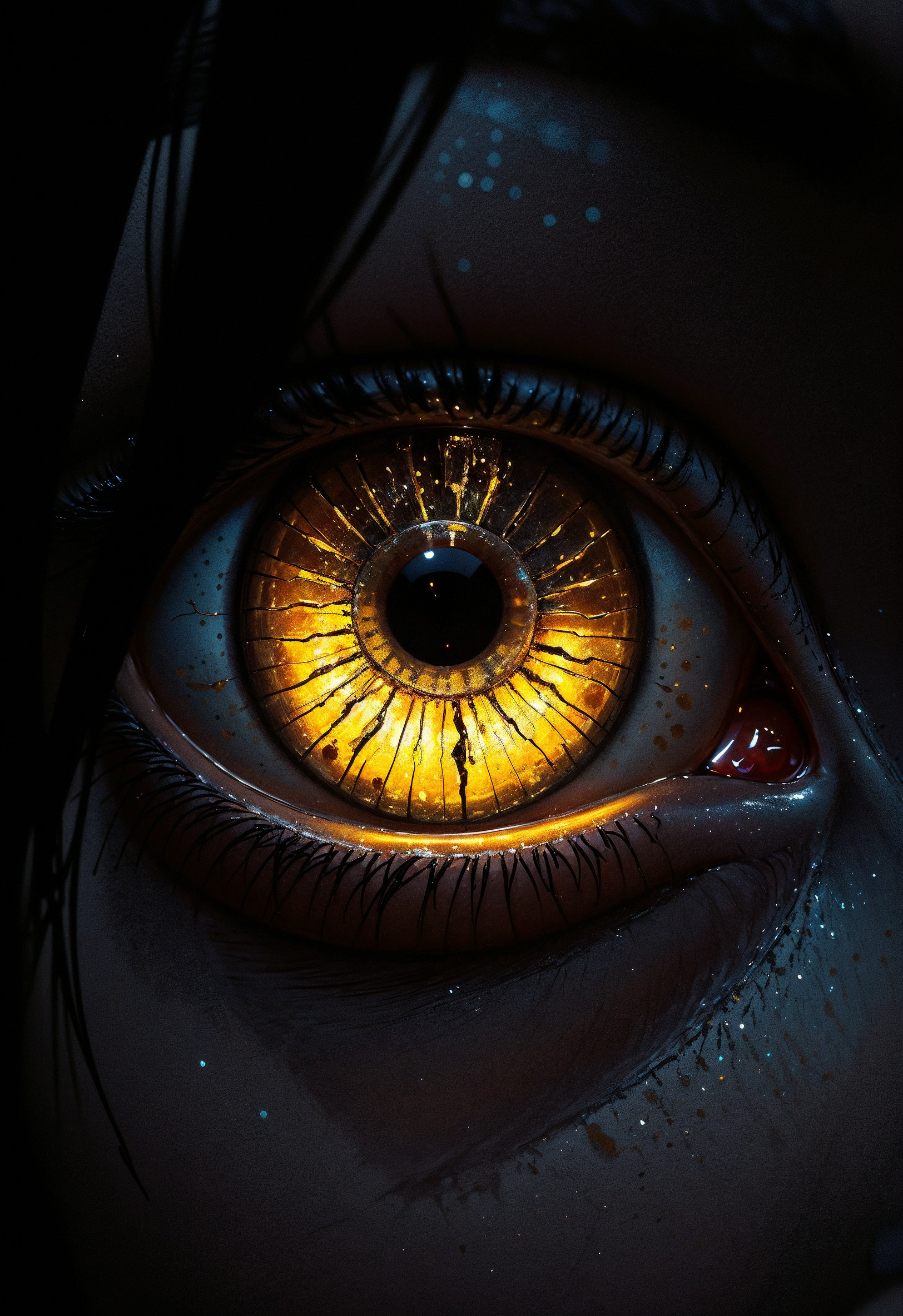 (in Otomo Katsuhiro style:1.2), high-quality, masterpiece, Close-up of a womans eye with spiderweb-thin cracks forming across the iris, each crack glowing faintly as golden light filters through casting intricate patterns on her pupil, Style is Minimalist and haunting, Lighting is Low-key with glowing cracks, Digital surrealism emphasizing subtle textures and glowing details, Eye textures, crack detail, soft glow, intricate patterns, (elaborate fine details:1.1), (hyperdetailed:1.1), (intricate details:1.0), (Refined details:1.1), (best quality:1.1), (high resolution:1.2)