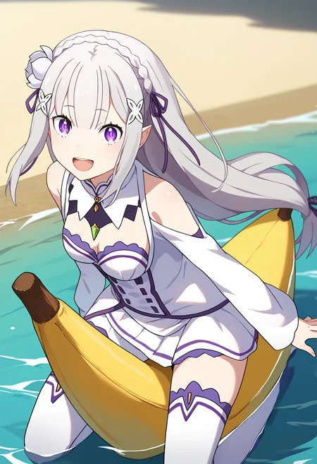 score_9, score_8_up, score_7_up, source_anime,
BREAK
1girl, solo,
<lora:shiEmiliaV2:1> shimilia, long hair, grey hair, purple eyes, pointy ears, crown braid, hair flower, hair ribbon, purple ribbon, x hair ornament, white dress, white thighhighs, thigh boots,
<lora:shiBananaV1:0.85>, shibananariding, banana boat, riding,
open mouth, smile, looking at viewer, happy,