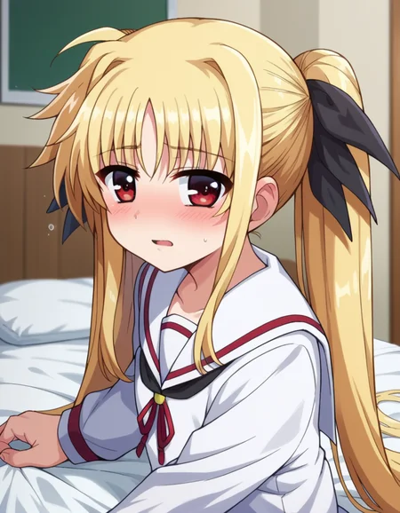 score_9, score_8_up, score_7_up, source_anime,
fatetestarossa, <lora:fate-testarossa-movie2-ponyxl-lora-nochekaiser:1>,
fate testarossa, long hair, blonde hair, red eyes, twintails, hair ribbon,
long sleeves, school uniform, serafuku, shirt, white shirt, white sailor collar,
indoors, bed, bed room, on side, blush, drunk,
looking at viewer, dutch angle, cowboy shot,