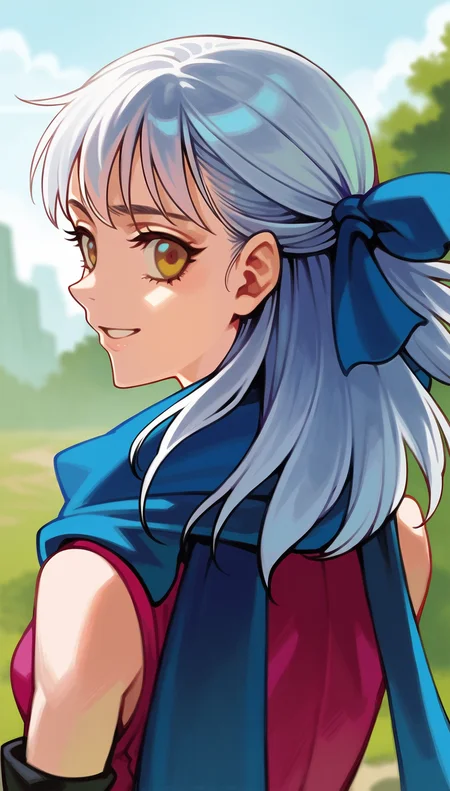 score_9,score_8_up,score_7_up,
highres,highly detailed,
<lora:micaiah:0.9>,
micaiahfe,
1girl,solo,
white hair,long hair,bangs,
yellow eyes,smile,looking back,
blue hair bow,blue scarf,purple sleeveless tunic,black detached sleeves,
portrait,
blurry background,outdoors,(dawn:1.1),(bloom:1.1),(light particles:1.1),rubble_ruins,sky,