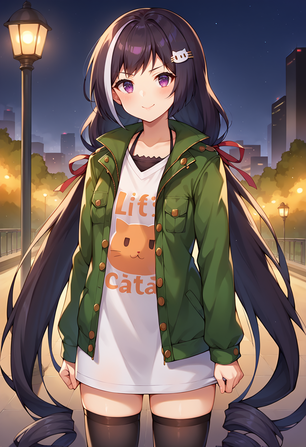 score_9, score_7_up, hd, (ultra hd quality details), source_anime, moody lights, city park, night,
solo, 1girl, kyarubase, streaked hair, very long hair, low twintails, purple eyes,
calrl, hair clip, cat hair ornament, hair ribbon, red ribbon, white shirt, print shirt, clothes writing, dress shirt, green jacket, open jacket, black thighhighs,
looking at viewer, blush, smile, closed mouth, serious, 
standing, hand under clothes, 
<lora:_karyl_elesico-pony-e19:0.85>