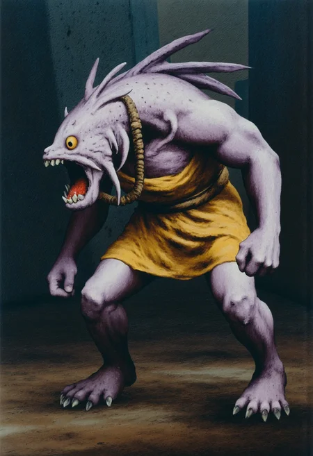 b3rs3rk macro lens d4concept pov, 3D01S, simple background d4artstyle atmospheric and powerful MikeFranchinastyle dark fantasy, natural organic and first person pov of a berserk style creature in the Tsutomu Nihei style
Anthropomorphic fish-like humanoid, fantasy creature concept. Pale lavender skin with subtle scales, glistening wet appearance. Hunched posture, muscular build. Large fish head with bulging yellow eye, wide mouth filled with sharp teeth. Drool or water dripping from jaws. Small fin-like ears atop head. Humanoid body with defined musculature, webbed hands and feet with sharp claws. Wearing mustard-yellow sleeveless tunic, cinched at waist with rope belt. Necklace of teeth or claws. Dynamic pose: arms bent, fists clenched, suggesting movement or agitation. Feet firmly planted on wet, reflective surface. Hyper-detailed textures: smooth yet slightly bumpy skin, fabric weave of tunic, individual scales. Lighting emphasizes form and creates sheen on skin. Art style: highly rendered digital painting, realistic anatomy with fantastical elements. Background: simple, focus on character. Color palette: predominantly purple and yellow with earthy tones. Atmosphere: unsettling blend of humanoid and aquatic features. 4K resolution, ultra-sharp details.
UHD letterboxed game trailer frame chromatic aberration dark atmosphere sharp masterpiece with a focus on the character, elden ring, dark atmosphere