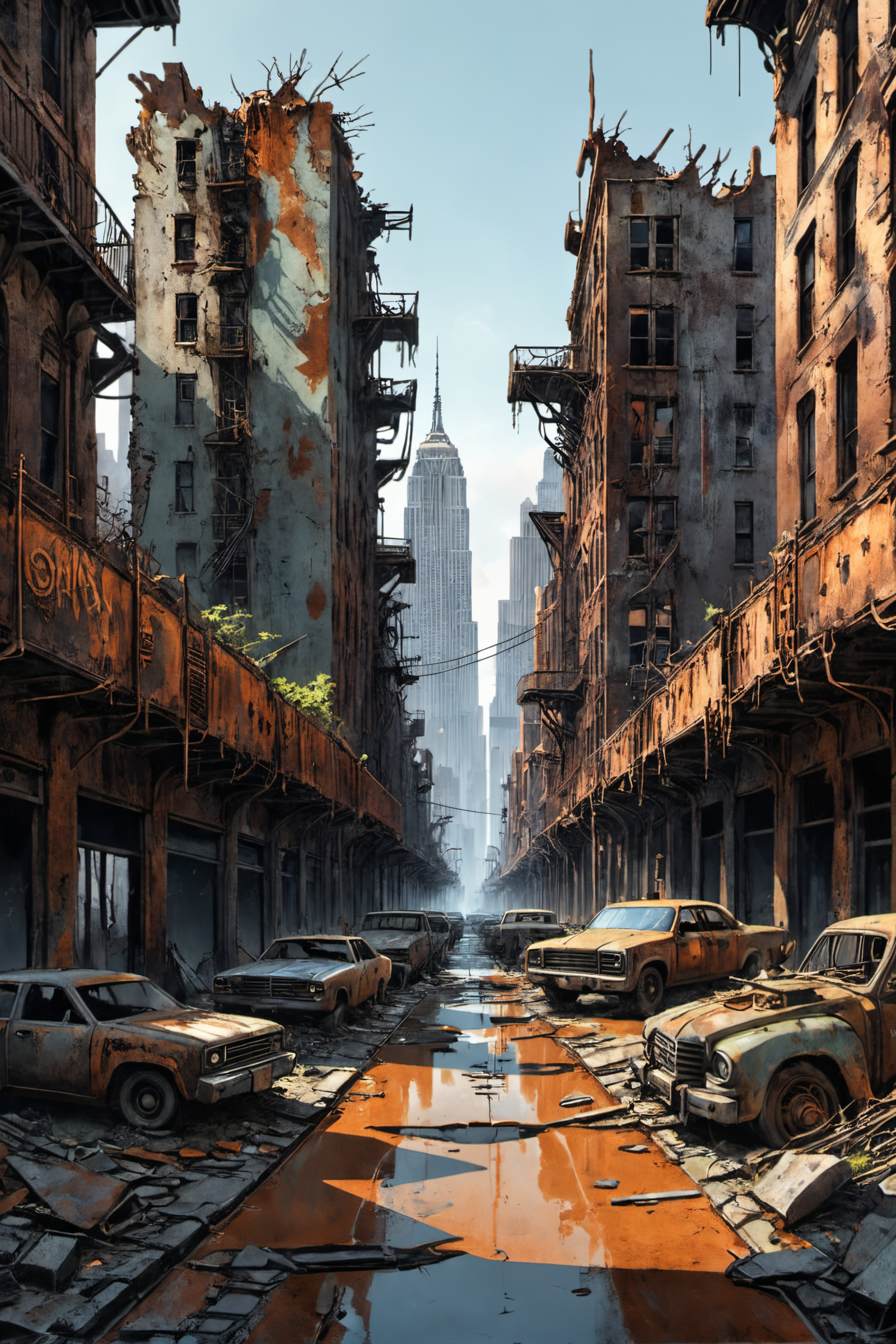 breathtaking post apocalypse New York City,illustration in the style of [gris grimly|clive barker],corrosion,rust,deterioration,destruction,broken,cracked,distressed,close up, . award-winning, professional, highly detailed