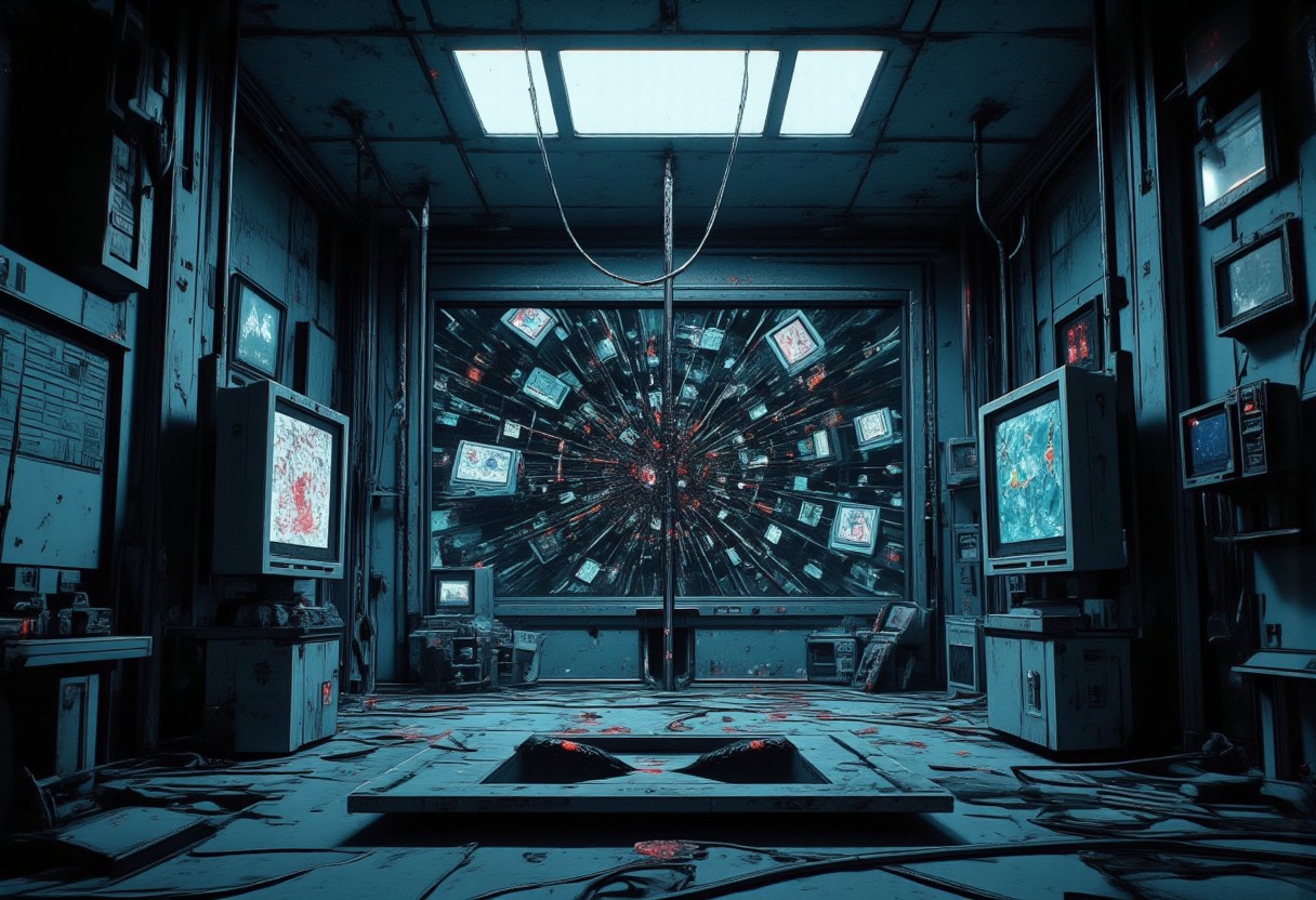A dimly lit SCP containment chamber with cold metal walls enclosing a **cracked mirror in a black frame**. Its fractures shift unnaturally, as if alive. Around it, **monitors, measurement devices, and system units** are linked by tangled **thick cables**, snaking across the metallic floor. Some screens display **distorted alternate realities**, others show **erratic life-sign readings**, spiking as if detecting something unnatural.  
The mirror reflects **countless distorted versions** of the same person, each trapped in a **different fate**—**burning, drowning, falling into darkness**, or staring back in silent horror, covered in **scars that don’t exist in reality**. Some **smile knowingly**, others scream in agony, their voices lost. **Glitch-like distortions ripple through the air**, making reflections momentarily shift, as if trying to escape.  
The scene pulses with an **eerie glow**, monitors flickering with **cryptic warnings and unreadable data logs**. The deeper one stares, the more **realities unravel**, forming a **kaleidoscope of endless deaths and resurrections**. **Faint whispers of lost voices** echo in the distance: *"This is not immortality. This is a trap."*  
A **VHS-horror, glitch-art, SCP Foundation aesthetic**, with **grainy textures, chromatic aberrations, and digital artifacts**, as if captured from **classified SCP surveillance footage**,(ne0nfant4sy, In the style of ff-td)