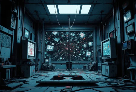 A dimly lit SCP containment chamber with cold metal walls enclosing a **cracked mirror in a black frame**. Its fractures shift unnaturally, as if alive. Around it, **monitors, measurement devices, and system units** are linked by tangled **thick cables**, snaking across the metallic floor. Some screens display **distorted alternate realities**, others show **erratic life-sign readings**, spiking as if detecting something unnatural.  
The mirror reflects **countless distorted versions** of the same person, each trapped in a **different fate**—**burning, drowning, falling into darkness**, or staring back in silent horror, covered in **scars that don’t exist in reality**. Some **smile knowingly**, others scream in agony, their voices lost. **Glitch-like distortions ripple through the air**, making reflections momentarily shift, as if trying to escape.  
The scene pulses with an **eerie glow**, monitors flickering with **cryptic warnings and unreadable data logs**. The deeper one stares, the more **realities unravel**, forming a **kaleidoscope of endless deaths and resurrections**. **Faint whispers of lost voices** echo in the distance: *"This is not immortality. This is a trap."*  
A **VHS-horror, glitch-art, SCP Foundation aesthetic**, with **grainy textures, chromatic aberrations, and digital artifacts**, as if captured from **classified SCP surveillance footage**,(ne0nfant4sy, In the style of ff-td)