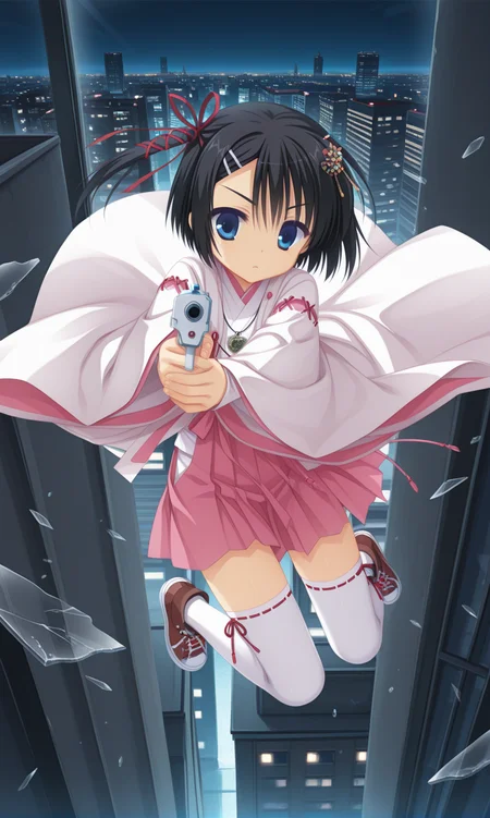 score_9, score_8_up, score_7_up, score_6_up,source_anime,
1girl, <lora:yuzusoft2_NoobVpred06:1>yuzu cg<lora:Mera_Azusa_illuV01_b3g2_LRV2:1>YuzuSoft_DR \(style\),Azusa_DR,black hair, short hair, bob cut, side ponytail, hair ribbon, red ribbon, hair flowers,white hairclip, asymmetrical bangs,blue eyes, japanese clothes, white overcoat, layered kimono, white kimono, pink hakama skirt, pink sash, sash under overcoat, grey medallion necklace,long sleeves, wide sleeves, layered sleeves, cross-laced sleeves, sleeves past wrists,white ribbon-trimmed thighhighs, brown sneakers,
weapon, white gun,hold with both hands, solo,, night, holding, blue eyes, holding weapon, looking at viewer,, holding gun, , aiming at viewer, , closed mouth,, building, outdoors, , city, cityscape, night sky, thighs,handgun, glass, sky, full body,broken glass,jumping,(drop down)<lora:StS_Age_Slider_Illustrious_v1:-5>,