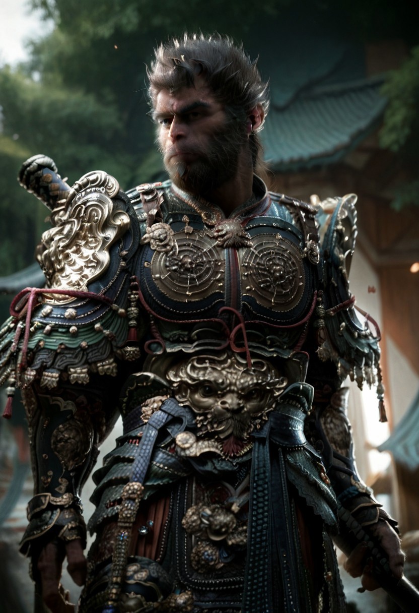 score_9, score_8_up, score_7_up, realistic, WU KONG, solo, black hair, 1boy, standing, weapon, male focus, cowboy shot, sword, armor, facial hair, shoulder armor, sheath, beard, sheathed, weapon on back