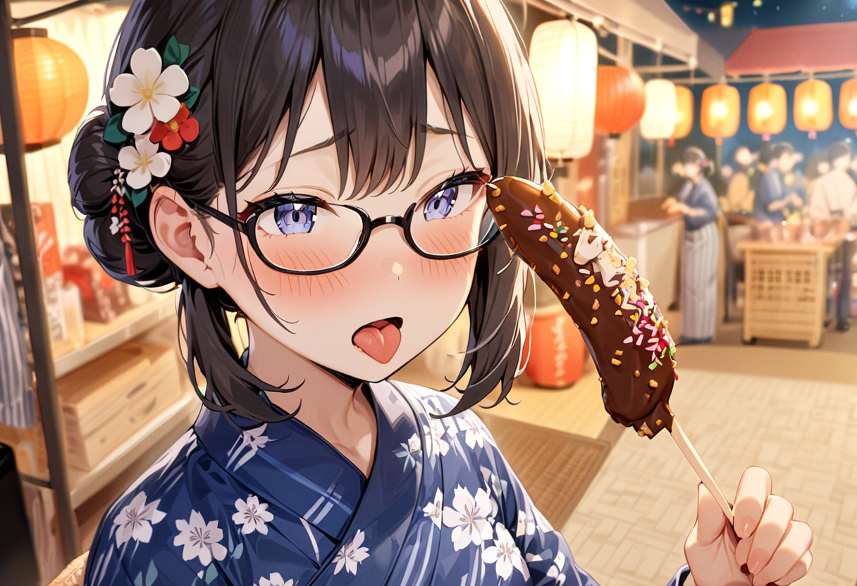 masterpiece, best quality, very aesthetic, absurdres,
chocolate banana, 1girl, solo, glasses, black hair, food, long hair, tongue, blush, holding, holding food, yukata, floral print, hair ornament, hair flower, hair bun, uchiwa, paper fan, paper lantern, night, blurry background, 
<lora:chocolate_banana_SDXL_V1:1>