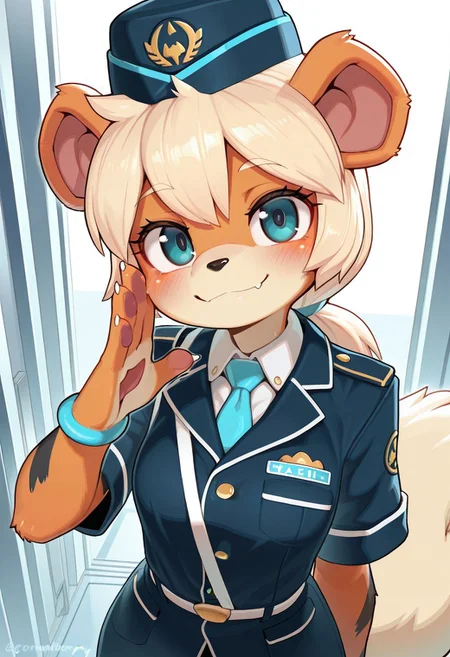 Wagashi_(Dagashiya), (mizumizuni:0.5), (wamudraws:0.5), (m-da_s-tarou:0.4), (porforever:0.5), (hotvr:0.3), 
(((growlithe furry, anthro, furry female))), (solo, flight attendant, hat, uniform, necktie, saluting, standing, smile), looking at viewer, upper body, face focus, closeup, from front,
(amazing quality, very aesthetic, absurdres, best quality, newest, masterpiece, 4k resolution, detailed)