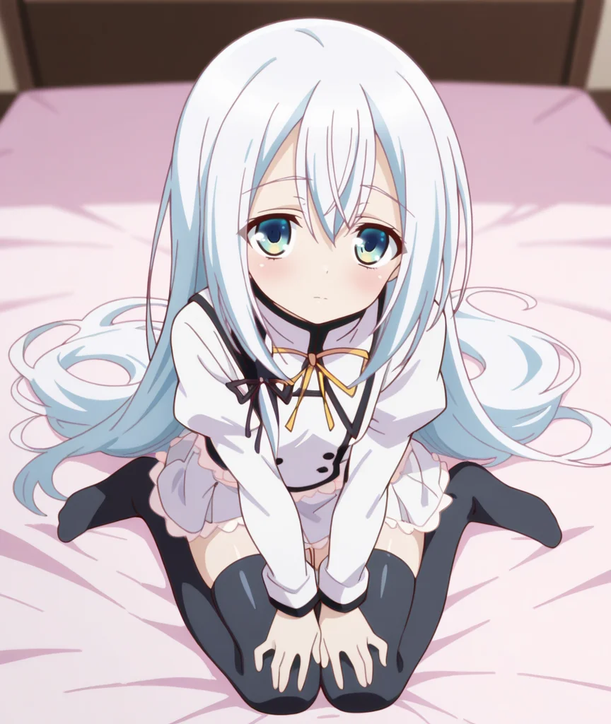 1girl,
BREAK solo,
BREAK wearing clothes,closed mouth,looking_at_viewer,
BREAK from above,full body,
BREAK
on bed BREAK
BREAK
BREAK
BREAK
BREAK anime coloring,
BREAK <lora:seirei tsukai no blade dance:1>,terminus est,school uniform,wariza,