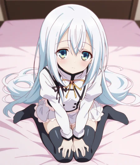 1girl,
BREAK solo,
BREAK wearing clothes,closed mouth,looking_at_viewer,
BREAK from above,full body,
BREAK
on bed BREAK
BREAK
BREAK
BREAK
BREAK anime coloring,
BREAK <lora:seirei tsukai no blade dance:1>,terminus est,school uniform,wariza,
