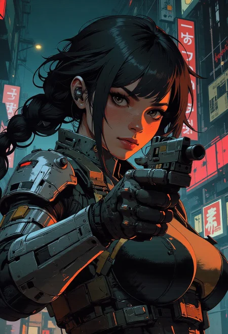 magnificent, closeup portrait, female bounty hunter, braided black hair, futuristic armor, battlesuit, mechanical armor, sleek armor, sexy, curvy, large breasts, large ass, aiming an assault rifle, assault rifle, aiming rifle, Cyberpunk City, Neon Lights, foreshortening,
solo,
Cowboy Shot, close up, from above,