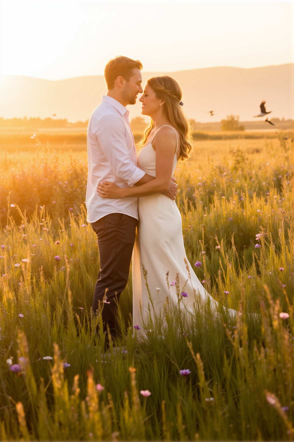 In the heart of a golden meadow, where wildflowers sway in the early morning light, two lovers exchange quiet vows as the first rays of the sun kiss their faces. Dew glistens on the petals around them, and as birds sing softly in the distance, their love feels as boundless as the endless horizon.
<lora:ethereal-romantic-glow-flux:1>