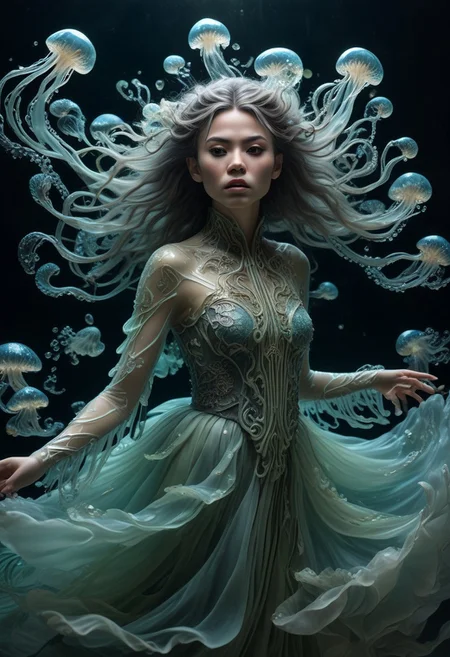 long mid shot portrait photography of an ethereal warrior, (glowing runes: 1.1), fairytale aesthetic. light green sheme, Photorealistic, intricate details, realism, sfw, ultrasharp,photography, floating, dress, water, under water, jellyfish, haute couture, tentacles, bioluminescence