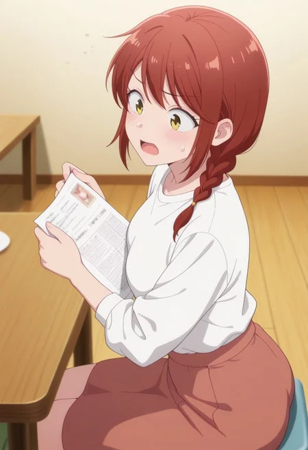 masterpiece,best quality,amazing quality, mitsuya yui, red hair, yellow eyes, long hair, 1girl, braid, solo, table, sitting, open mouth, sweatdrop, shirt, white shirt, holding, skirt, single braid