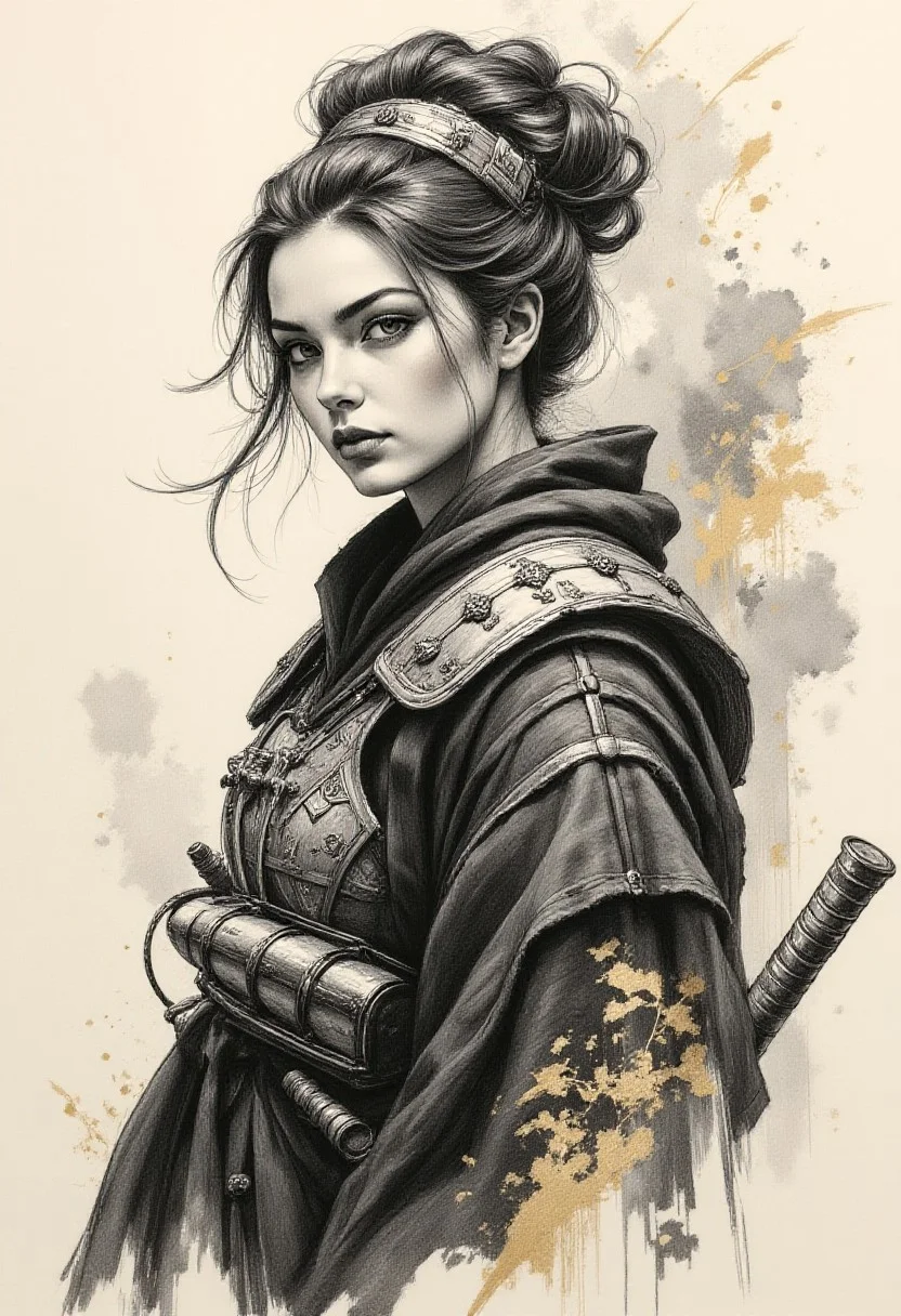 Pencil drawing, black and white, pencil strokes, black pencil shading, charcoal drawing, tinted paper, pencil drawing, brutal dark b/w color scheme, gold patterns, A captivating illustration of a Geisha Assassin in the mystic world of ancient Kyoto. The female character is cloaked in luxurious silk and adorned with intricate steel armor, her movements as graceful as a dancer yet as precise as a skilled warrior. A porcelain mask covers her face, hiding her identity while accentuating the allure and danger of the geisha tradition. The artwork masterfully combines the energetic style of sumi-e with the meticulous detail of Japanese ink, creating a striking visual impact. The Geisha Assassin's eyes, filled with a steely resolve, subtly reveal her lethal intentions beneath her serene demeanor. However, a touch of melancholy lingers in her gaze, serving as a poignant reminder of the sacrifices she has made in her pursuit of this deadly profession.