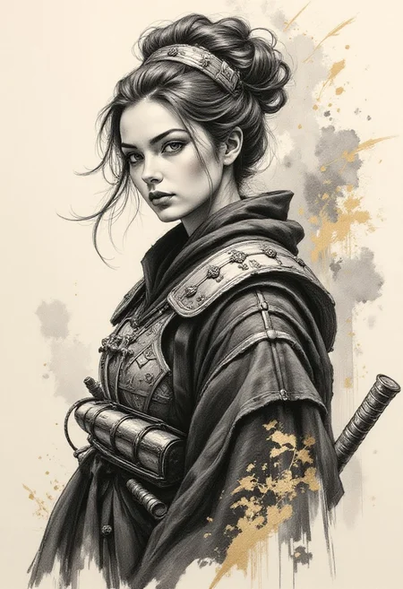 Pencil drawing, black and white, pencil strokes, black pencil shading, charcoal drawing, tinted paper, pencil drawing, brutal dark b/w color scheme, gold patterns, A captivating illustration of a Geisha Assassin in the mystic world of ancient Kyoto. The female character is cloaked in luxurious silk and adorned with intricate steel armor, her movements as graceful as a dancer yet as precise as a skilled warrior. A porcelain mask covers her face, hiding her identity while accentuating the allure and danger of the geisha tradition. The artwork masterfully combines the energetic style of sumi-e with the meticulous detail of Japanese ink, creating a striking visual impact. The Geisha Assassin's eyes, filled with a steely resolve, subtly reveal her lethal intentions beneath her serene demeanor. However, a touch of melancholy lingers in her gaze, serving as a poignant reminder of the sacrifices she has made in her pursuit of this deadly profession.