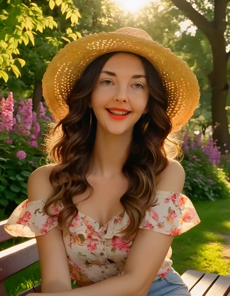 EM83R, In a bustling urban park under the warm glow of setting sun, a radiant woman with black, wavy hair cascading down her shoulders wears a stylish straw hat adorned with vibrant flowers. Her bright red lips curve into a captivating grin as she playfully tilts her head, looking directly at the viewer while sitting on a vintage wooden bench, a lush green background of trees and blooming flowers framing her charming presence.