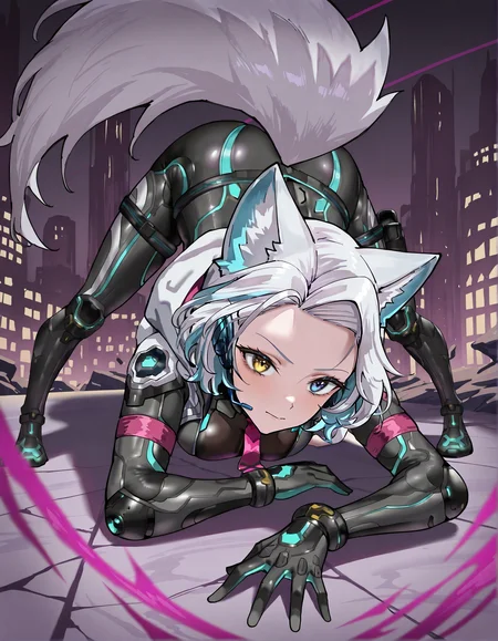 masterpiece, perfect quality, best quality, absolutely eye-catching, absurdres, highres, newest, <lora:ronomiyahinagikuillustriousXL:1>, 1girl, ronomiyahinagikucyber, forehead, dynamic pose,
