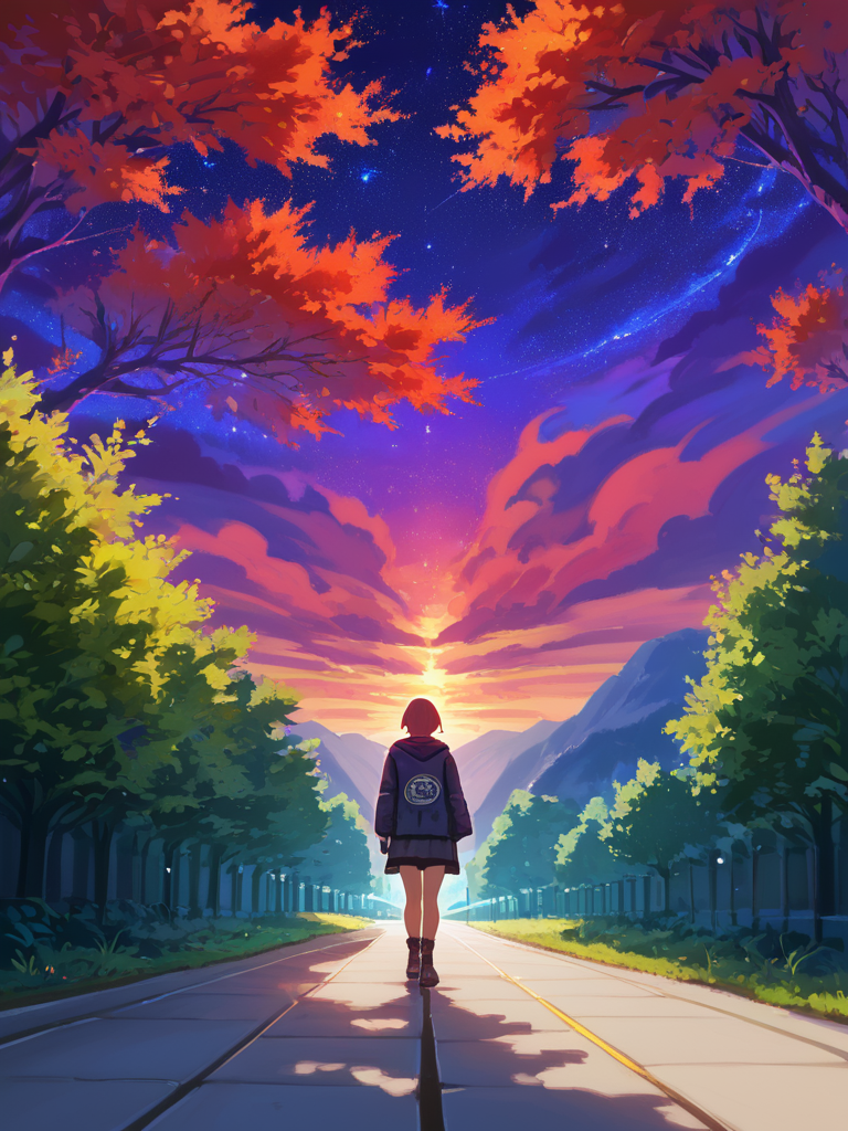PDXL, <lora:KajpoV1:1>, k4jp0, volumetric reflections, volumetric shadows, HDR, shot on Canon DSLR,
1girl, standing on a road, colorful tornado in the distance,  night sky, blue, viewed from behind