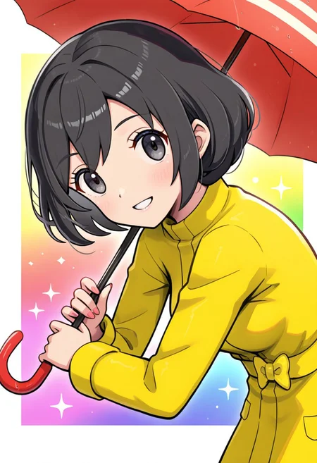hinosaki, [[pokemoa, gonzarez]],2d, masterpiece, best quality, amazing quality, 1girl, solo, close-up, standing, smile, upper body, leaning_forward, looking at viewer, multicolored background, sparkle, rainbow background, colorful background, orasparasol, black hair, short hair, yellow raincoat, long sleeves, yellow bow, holding umbrella, red umbrella