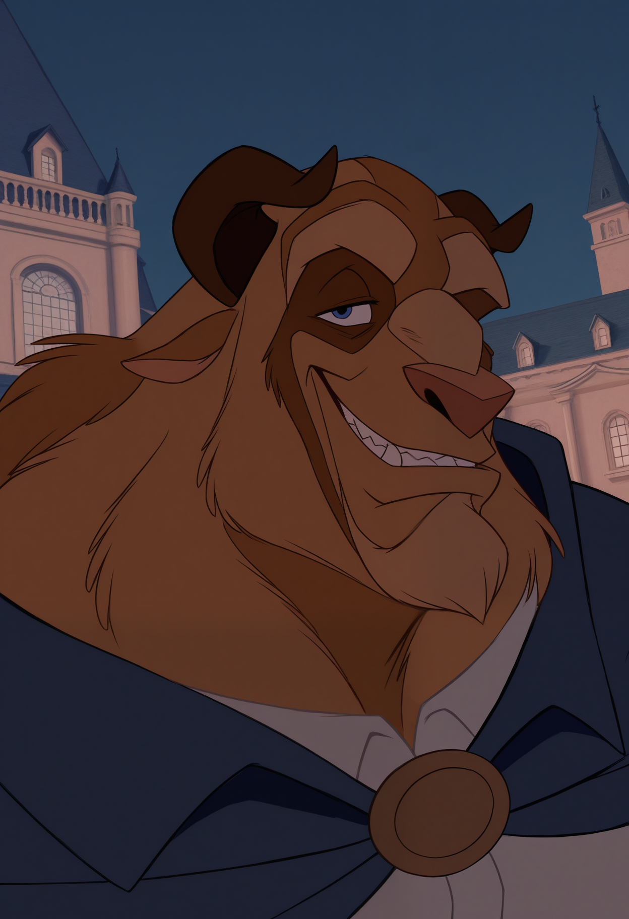 masterpiece,best quality,amazing quality, 1boy, solo, b34st, furry, blue cape, white shirt, close up, side angle, smug, mansion,