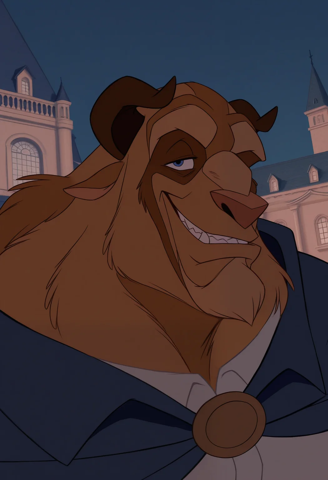 masterpiece,best quality,amazing quality, 1boy, solo, b34st, furry, blue cape, white shirt, close up, side angle, smug, mansion,