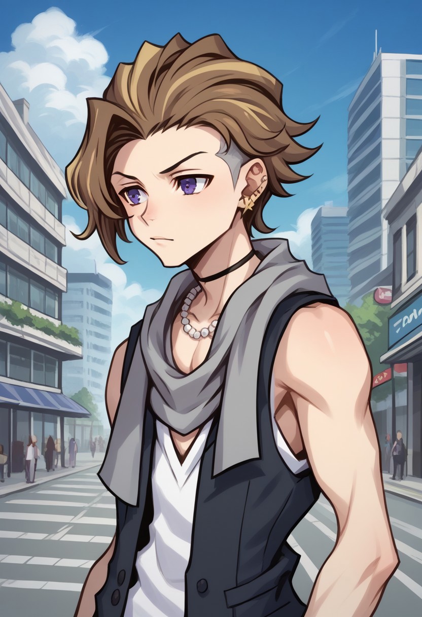 score_9, score_8_up, score_7_up, source_anime, highly detailed, 
tosaifret, 1boy, male focus, solo, brown hair, blonde hair, multicolored hair, purple eyes, earrings, piercing, ear piercing, scarf, vest, white shirt, sleeveless, jewelry, necklace, upper body, 
outdoor, sky, cloud, building, street