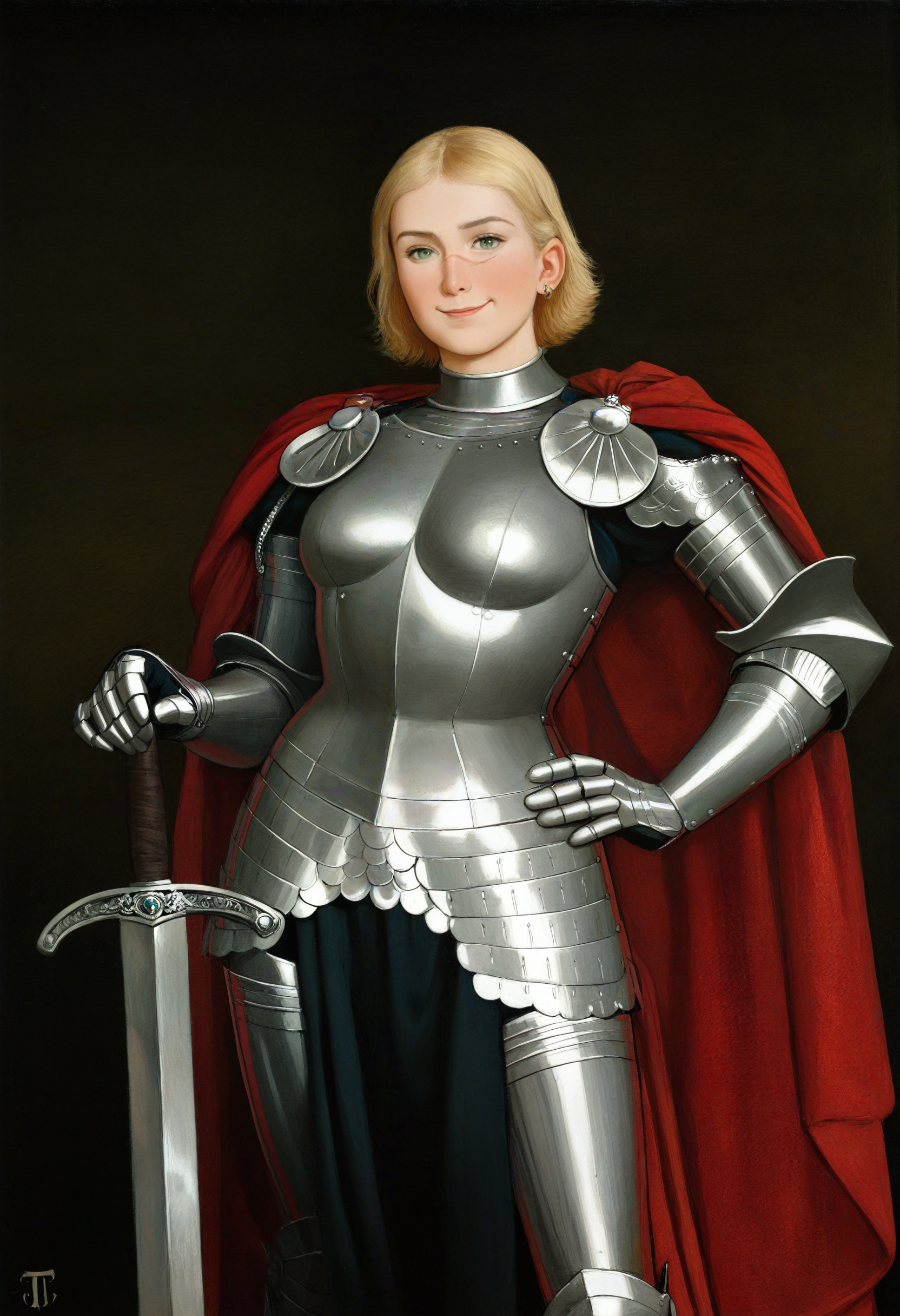 by thoma, 1girl, two-tone-armor, black-armor, white-armor, smug, posing, holding-weapon, oversized-sword, short-hair, blonde-hair, green-eyes, scar-on-face, piercing, newest, masterpiece, best quality, absurdres, highres, general
