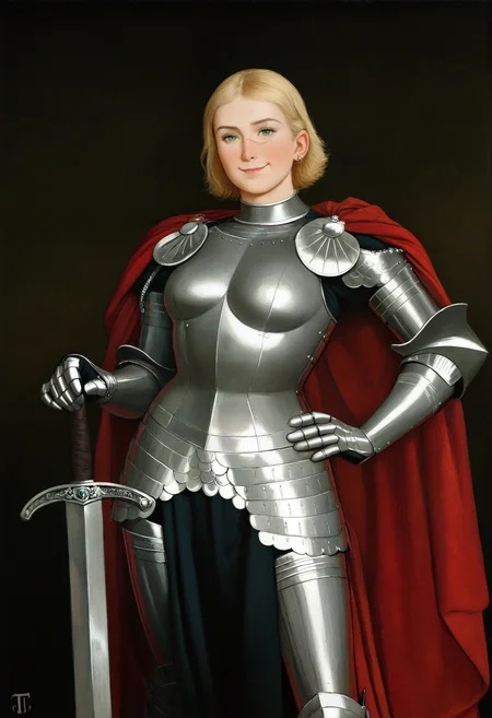 by thoma, 1girl, two-tone-armor, black-armor, white-armor, smug, posing, holding-weapon, oversized-sword, short-hair, blonde-hair, green-eyes, scar-on-face, piercing, newest, masterpiece, best quality, absurdres, highres, general