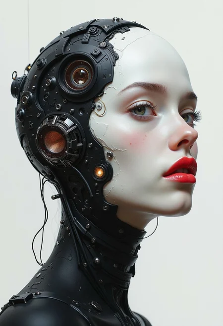 DB4RZ style painting biomechanical cyberpunk A captivating minimalist, a shy and alluring woman. The left half of her face is visible, with her delicate features seamlessly merging into a blank canvas of white. Her soft, bright red lips contrast against the monochromatic background, drawing the viewer's attention. Her eyes hold a subtle, mysterious expression that exudes both haunting and enchanting vibes. The simplicity of the composition, with its stark contrast, evokes a sense of ethereal beauty. by Sasan. black background. . cybernetics, human-machine fusion, dystopian, organic meets artificial, dark, intricate, highly detailed