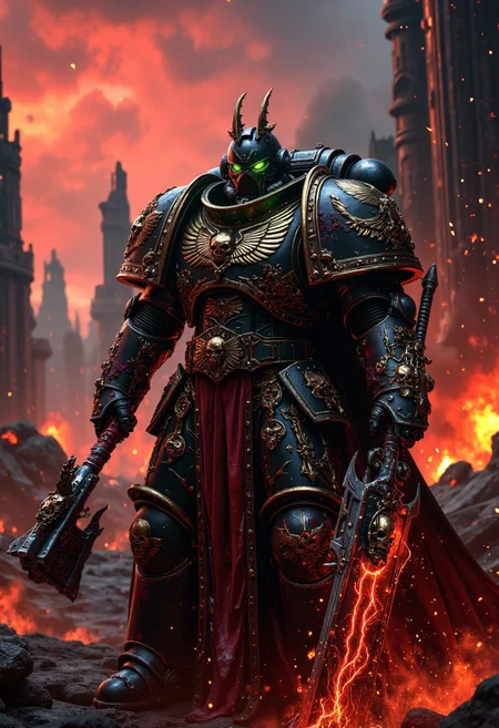 A Chaos Space Marine in full battle armor, standing amidst a war-torn battlefield. His armor is an intricate fusion of ancient, corrupted metal and twisted organic growths, glowing with chaotic energy. The armor plates are etched with unholy runes, and dark, crimson blood oozes from the cracks, pulsating with an eerie light. Wickedly sharp spikes and jagged chains adorn his shoulders and gauntlets, while a massive, barbed power axe crackles with red lightning in his hand. In the background, colossal ruins burn under a blood-red sky, as black smoke rises, illuminated by sporadic explosions. Faint echoes of demonic whispers fill the air. The scene is lit with harsh, dynamic lighting that casts deep shadows and highlights the metallic sheen and organic textures of his armor. The glowing eyes of the Chaos Space Marine pierce through the darkness, emanating an unsettling, otherworldly green glow. The atmosphere is thick with fog and drifting ash, creating an intense, apocalyptic mood. Photorealistic, 8K resolution, hyper-detailed, cinematic composition.