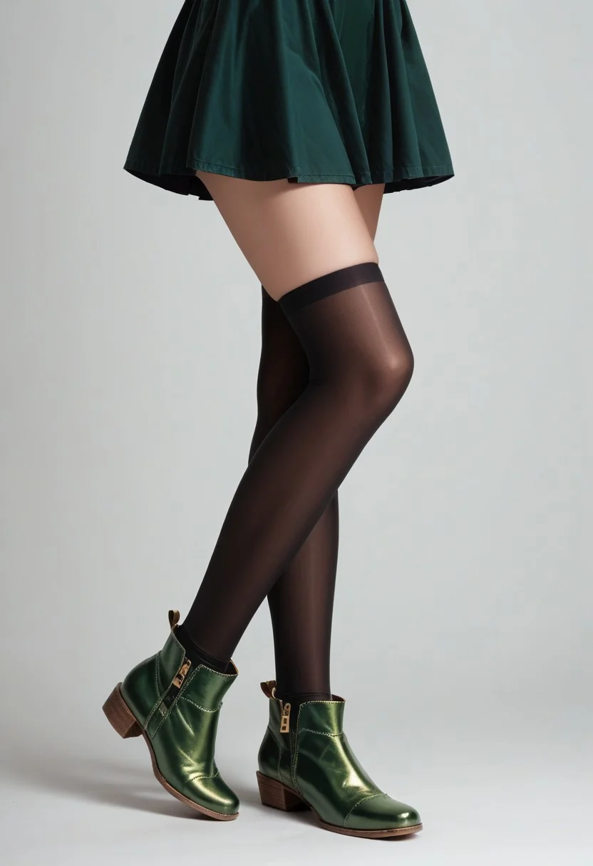 score_9, score_8_up, score_7_up, photorealistic, rating_safe,
lower body, green ankle booties, black thighhighs, green dress, perfect legs, simple background, fashion