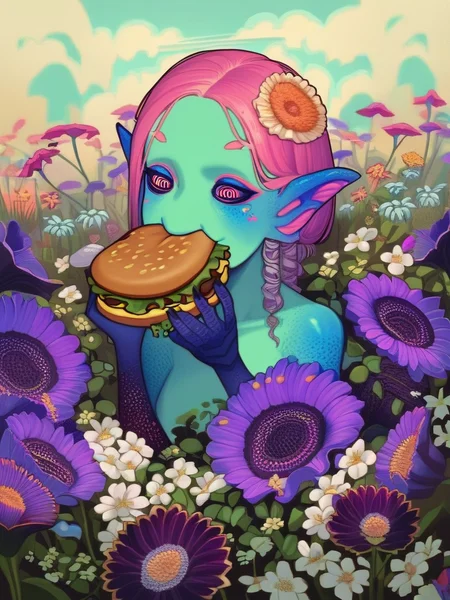 monstergirl, [demon|woman] eating hamburger, weird, surreal, flowers 
score_8_up   <lora:Weird things are Weird B:1>