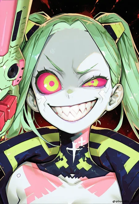 masterpiece, best quality, 1girl, solo,   ,<lora:GlowingNightmare_IXL:1.0>,   1girl, solo, long hair, looking at viewer, smile, red eyes, twintails, green eyes, jacket, weapon, green hair, teeth, artist name, twitter username, grin, black jacket, tattoo, colored skin, headgear, sharp teeth, portrait, colored sclera, white skin, evil smile, cyborg, evil grin, red sclera, red pupils, neck tattoo, artificial eye, mechanical eye, rebecca (cyberpunk)