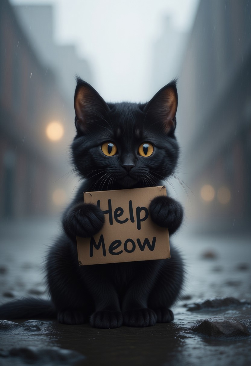 a very cute little black cat with watery eyes, lost on an island, This very cute little cat holds a sign, with "Help Meow" written on the sign, only one sign,
sad expression, perfect masterpiece, watery eyes, raining, puddle, mud,
<lora:Add_More_details_Flux:1>
